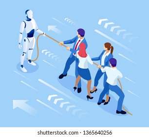 Isometric business people and robot fighting with artificial intelligence in suit pull the rope, competition, conflict. Tug of war and symbol of rivalry. People against machine.