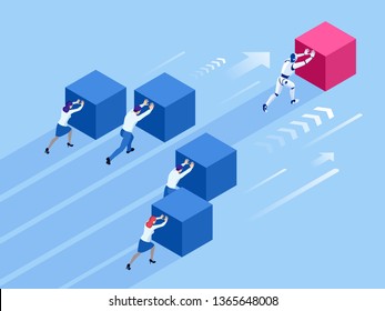 Isometric Business people and robot pushing cubes. Robot easily moving the cube. Humans VS robots. Winning strategy, efficiency, innovation in business concept.