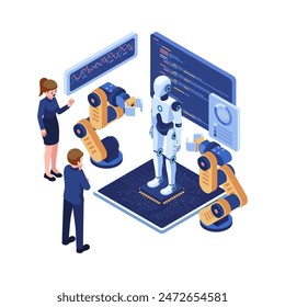 Isometric Business People Showcasing a Presentation on AI Robot Technology. Artificial Intelligence and Robotic Technology Concept