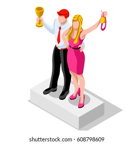 Isometric business people staff isolated on winner podium infographic. 3D Isometric boss person wins medal on pedestal meeting icon set. Creative design vector training completion illustration