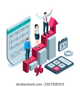 isometric business people stand on the chart arrow in color on a white background, personal success or growth indicator