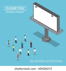 Isometric business people standing in front of large billboard, billboard advertising concept