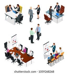 Isometric business people talking conference meeting room. Team work process. Business management teamwork meeting and brainstorming. Vector illustration.