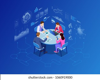 Isometric Business People Talking Conference Meeting Room. Team Work Process. Business Management Teamwork Meeting And Brainstorming. Vector Illustration.
