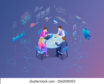 Isometric Business People Talking Conference Meeting Room. Team Work Process