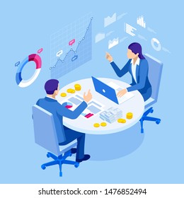 Isometric business people talking conference meeting room. Team work process. Business management teamwork meeting and brainstorming. Expert team for data analysis, business statistic