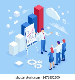 Isometric Business People Talking Conference Meeting Room. Team Work Process. Business Management Teamwork Meeting And Brainstorming. Expert Team For Data Analysis, Business Statistic