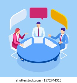 Isometric business people talking conference meeting room. Team work process. Business management teamwork meeting and brainstorming.