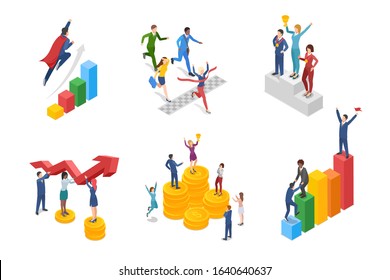 Isometric Business People Teamwork competition Winner Finance concept with Money gold coins growth charts statistics Flat vector illustration.