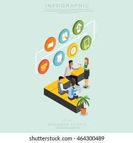 Isometric Business People Teamwork Meeting in office, share idea,  info graphic vector design Set P