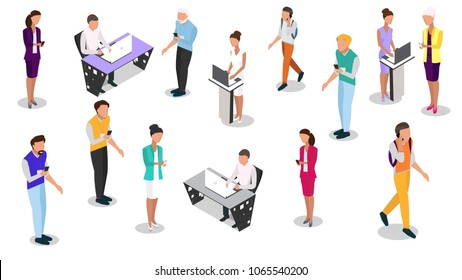 isometric business people vector 3D set. Businessman and business woman, business clothes. The concept of office workers, director and subordinates isolated on white background. -stock vector