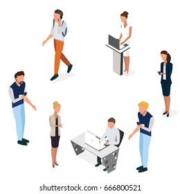 isometric business people vector 3D. Businessman and business woman, business clothes. The concept of office workers, director and subordinates isolated on white background. -stock vector