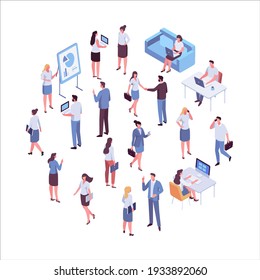 Isometric business people vector set. Business men and women. Teamwork, cooperation, coworking. Workspace. Vector characters isolated on white background.	