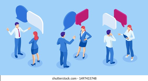 Isometric Business People Working and Speech Bubble, Brainstorming, Business Corporate Meeting concept.