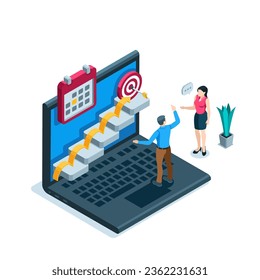 isometric business people working with statistical data near laptop screen, in color on white background, business analytics and teamwork