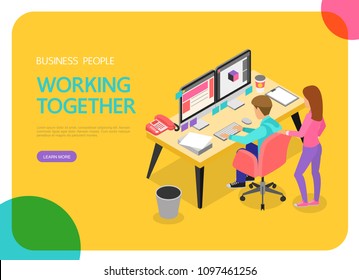 Isometric business people working together character vector design. For landing page, web banner, infographics and background template.