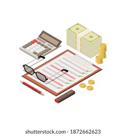 Isometric business personal items composition with calculator money glasses to do list 3d vector illustration