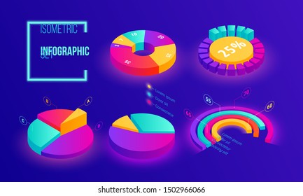 Isometric business pie chart set. 3D financial, statistical and marketing data visualization tools. Colourful neon gradient round diagram. Vector Illustration elements for web site, presentation, apps