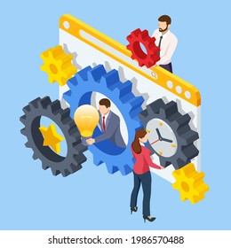 Proceso de negocios isométrico. El equipo de negocios conecta piezas de engranaje. Planificación de proyectos, cooperación, proceso de flujo de trabajo, trabajo en equipo, análisis empresarial, visión y alcance, aumentar la productividad