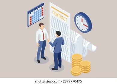 Isometric Business professionals seal a partnership agreement by exchanging handshakes after closing a deal, involving both paper and digitally signed and stamped contracts