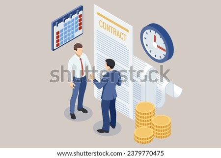 Isometric Business professionals seal a partnership agreement by exchanging handshakes after closing a deal, involving both paper and digitally signed and stamped contracts
