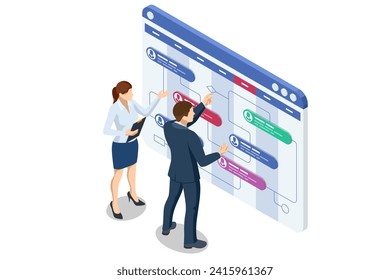 Isometric Business Project Management System. Schedule for plan tasks and progress. Strategy for construction and operations. Successful business plan tasks.