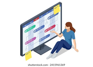 Sistema de gestión de proyectos empresariales isométricos. Administrador de proyectos actualizando tareas e hitos en la planificación del progreso. Calendario Digital.