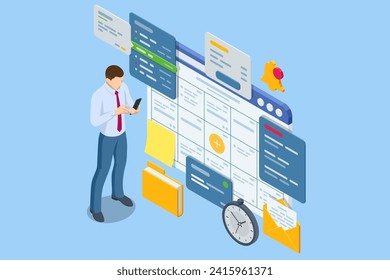 Isometric Business Project Management System. Project manager updating tasks and milestones progress planning. Digital Calendar Schedule.