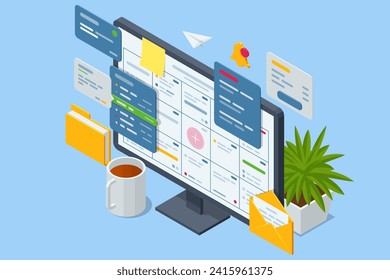 Sistema de gestión de proyectos empresariales isométricos. Administrador de proyectos actualizando tareas e hitos en la planificación del progreso. Calendario Digital.