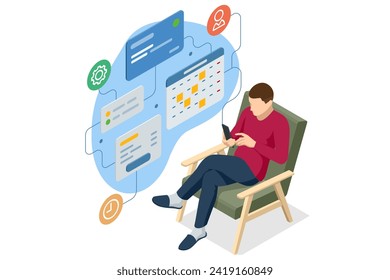 Sistema de gestión de proyectos empresariales isométricos. Administrador de proyectos actualizando tareas e hitos en la planificación del progreso. Calendario Digital. Programar las tareas y el progreso del plan.