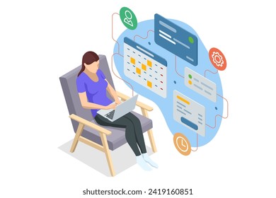 Isometric Business Project Management System. Project manager updating tasks and milestones progress planning. Strategy for construction and operations. Successful business plan tasks.