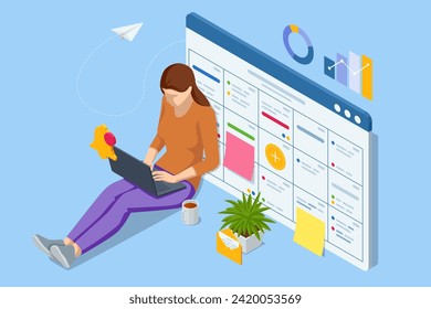 Isometric Business Project Management System. Project manager working on laptop and updating tasks. Project manager updating tasks and milestones progress planning. Digital Calendar Schedule.