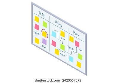 Sistema de gestión de proyectos empresariales isométricos. Planificación de tareas y plazos. Administrador de proyectos actualizando tareas e hitos en la planificación del progreso. Calendario Digital.