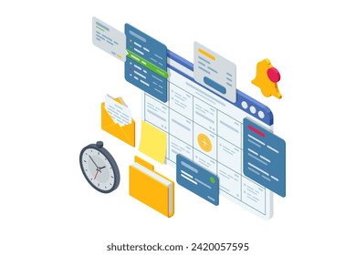 Isometric Business Project Management System. Planning showing tasks and deadlines. Project manager updating tasks and milestones progress planning. Digital Calendar Schedule.