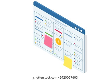 Sistema de gestión de proyectos empresariales isométricos. Planificación de tareas y plazos. Administrador de proyectos actualizando tareas e hitos en la planificación del progreso. Calendario Digital.