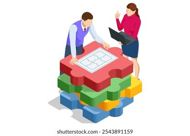 Isometric Business Puzzle. Teamwork and partnership. Business people join puzzle pieces. Doing business. People connecting puzzle elements