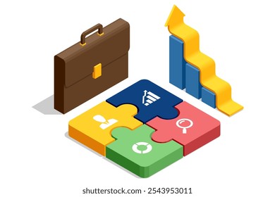 Isometric Business Puzzle. Teamwork and partnership. Business people join puzzle pieces. Doing business