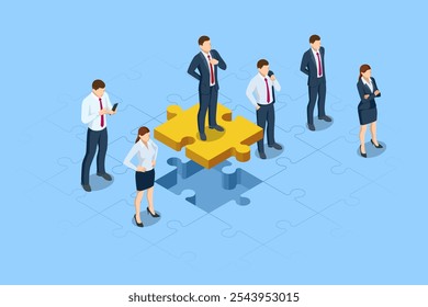 Isometric Business Puzzle. Teamwork and partnership. Business people join puzzle pieces. Doing business