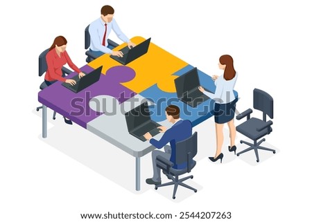 Isometric Business Puzzle. Teamwork and partnership. Business people join puzzle pieces. Doing business. People connecting puzzle elements