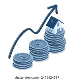 negocio isométrico de inversión inmobiliaria y financiera con gráfico de aumento para el Ahorra dinero de comprar casa. ilustración plana estilo azul Vector aislado sobre fondo blanco.