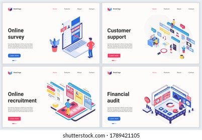 Isometric business recluting technology vector ilustración. Juego de banners de concepto creativo, diseño de sitios web con caricatura 3d servicio de contratación hr online, auditoría de cuentas financieras y asistencia al cliente