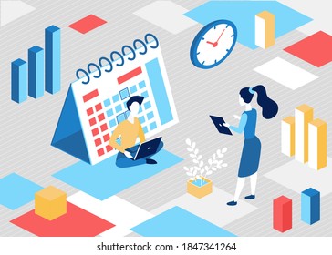 Isometric business schedule concept vector illustration. 3d cartoon businessman character sitting next to big planner reminder, business organizer for planning deadline, plan meeting events background