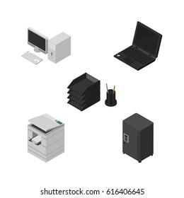 Isometric Business Set Of Desk File Rack, Laptop, Strongbox And Other Vector Objects. Also Includes Computer, Scanner, Desktop Elements.