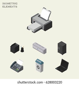 Isometric Business Set Of Garbage Container, Printing Machine, Wall Cooler And Other Vector Objects. Also Includes Strongbox, File, Air Elements.