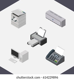 Isometric Business Set Of Printing Machine, Computer, Wall Cooler And Other Vector Objects. Also Includes Printing, Fax, Telefax Elements.