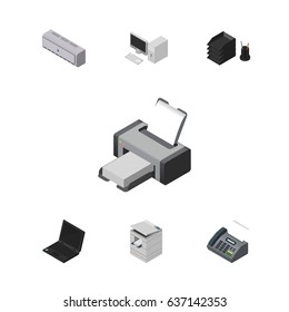 Isometric Business Set Of Printing Machine, Scanner, Computer And Other Vector Objects. Also Includes File, Notebook, Air Elements.