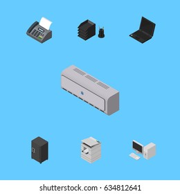 Isometric Business Set Of Strongbox, Desk File Rack, Office Phone And Other Vector Objects. Also Includes Photocopier, Strongbox, PC Elements.
