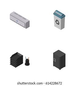 Isometric Business Set Of Wall Cooler, Garbage Container, Strongbox And Other Vector Objects. Also Includes Strongbox, Rack, Air Elements.