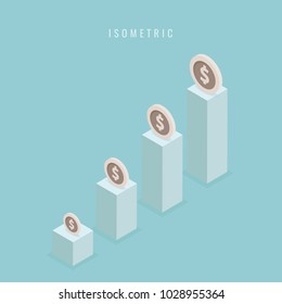 isometric. Business. Silver Coin. graph. vector illustration. blue. Financial. marketing. success. on blue background