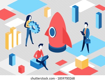 Isometric business start up concepto de ilustración vectorial. 3.ª caricaturista empresaria equipo en el proceso de inicio de proyectos de negocios, lanzamiento de cohetes, inicio de trabajo en equipo de nuevos antecedentes tecnológicos